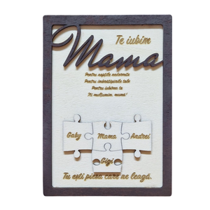 Placheta Mama  Piesa care ne leagă cu Piese de Puzzle Gravate si Suport Pentru Perete si Birou, , Gravare, pirogravură, Prelucrarea lemnului, ARTYNOS