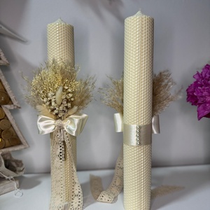 Lumanare cununie nunta sau botez din ceara naturala decorate cu flori uscate, , Aranjament de flori, ARTYNOS