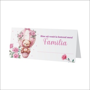  Plic de bani pentru botez model ursulet in balon cu trandafiri roz, model fetite - Artynos.ro