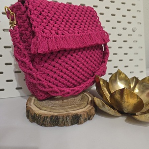 Poseta Macrame Lucrata Manual  Roz Fucsia cu Franjuri  100% Bumbac Organic, Geanta si husa, Genti de umar si genti de mana, Genti casual, genti de mana, Innoda, ARTYNOS