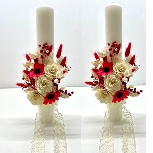 Set 2 lumanari, nunta, flori naturale uscate si flori de lemn, cod SL12, Accesorii nuntă, Materiale decor pentru nuntă, Lumânări de nuntă și suport lumânări, Aranjament de flori, Cu aceaste lumanari de nunta, ce pot dainui peste ani, ca o amintire minunata a uneia dintre cele m..., ARTYNOS