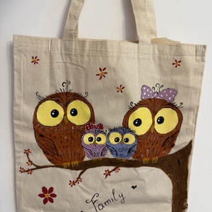 Plasuta tote pictata manual Familie bufnite, Geanta si husa, Geanta pentru cumparaturi, Geanta shopper, geanta tote, geanta textila, Pictura, ARTYNOS