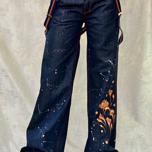 Blugi evazați cu pictură florală, unicat, Imbracaminte si moda, Haine dama, Pantaloni dama, Pictura, ARTYNOS
